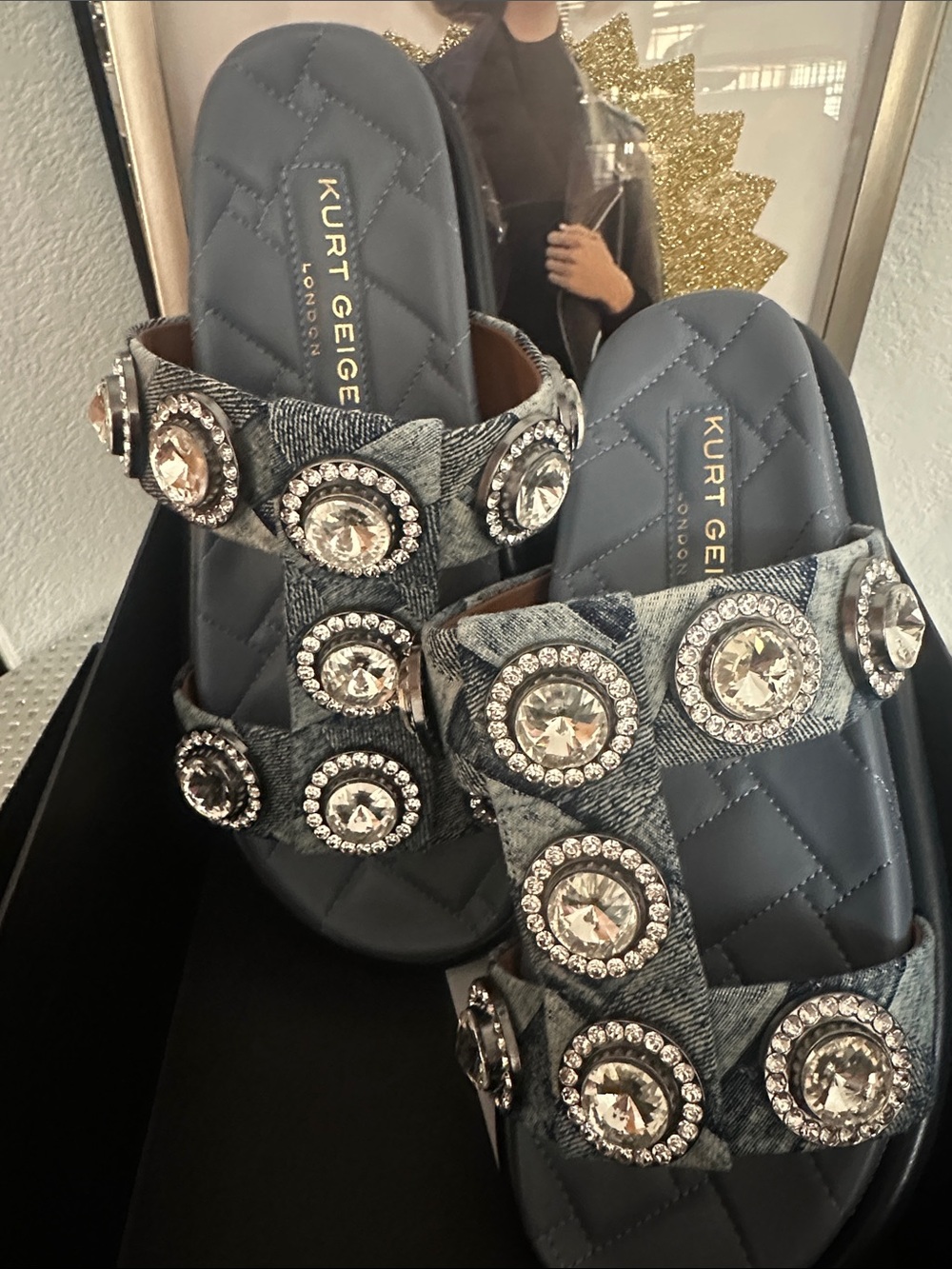 Kurt Geiger Denim Jeweled Slide Sandals - Blue NIB